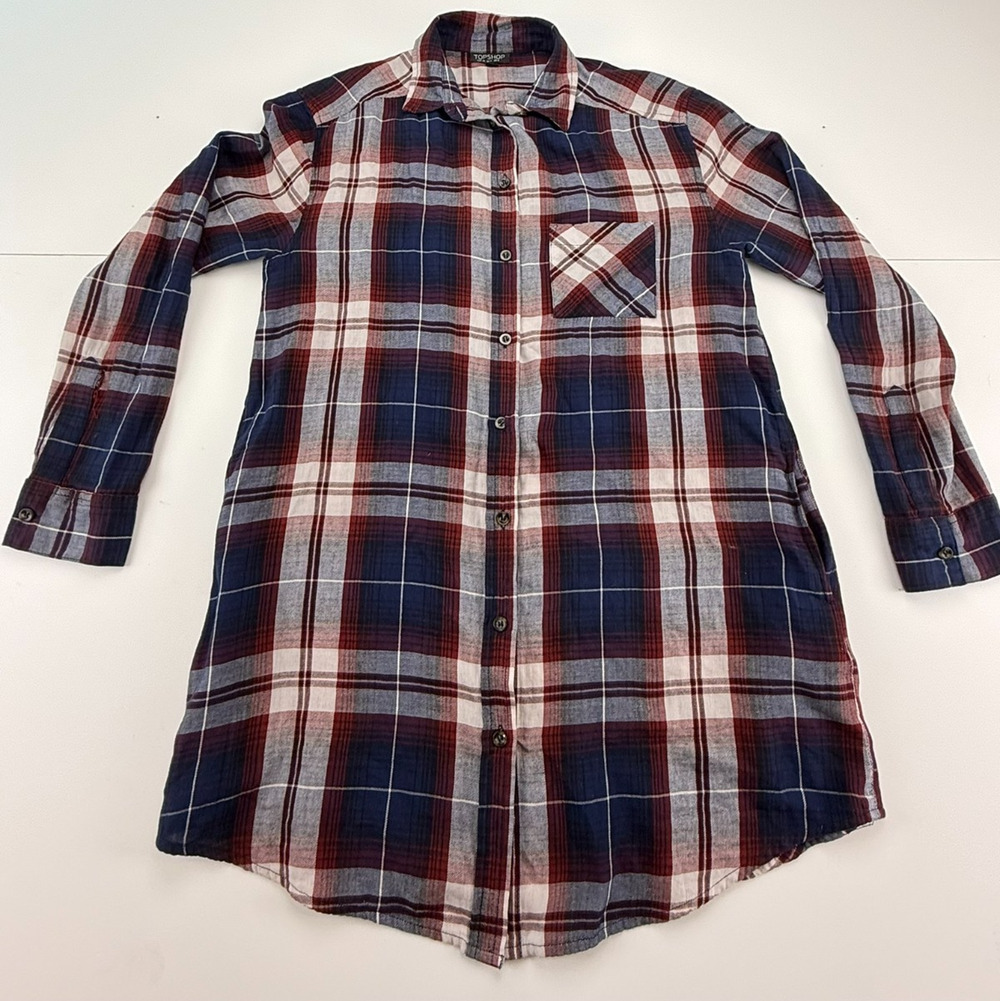 Topshop Women's Size 4 Red Blue Plaid Cotton Button Front Pocket Shirt